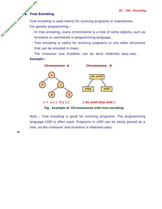 R
C
C
h
a
k
r
a
b
o
r
t
y
,
w
w
w
.
m
y
r
e
a
d
e
r
s
.
i
n
f
o
SC – GA - Encoding
• Tree Encoding
Tree encoding is used mainly for evolving programs or expressions.
For genetic programming :
− In tree encoding, every chromosome is a tree of some objects, such as
functions or commands in programming language.
− Tree encoding is useful for evolving programs or any other structures
that can be encoded in trees.
− The crossover and mutation can be done relatively easy way .
Example :
Chromosome A Chromosome B
( + x ( / 5 y ) ) ( do until step wall )
Fig. Example of Chromosomes with tree encoding
Note : Tree encoding is good for evolving programs. The programming
language LISP is often used. Programs in LISP can be easily parsed as a
tree, so the crossover and mutation is relatively easy.
29
+
/
x
y
5
do untill
step wall
 