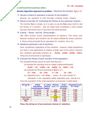R
C
C
h
a
k
r
a
b
o
r
t
y
,
w
w
w
.
m
y
r
e
a
d
e
r
s
.
i
n
f
o
SC – GA - Examples
[ continued from previous slide ]
Genetic Algorithm approach to problem - Maximize the function f(x) = x2
1. Devise a means to represent a solution to the problem :
Assume, we represent x with five-digit unsigned binary integers.
2. Devise a heuristic for evaluating the fitness of any particular solution :
The function f(x) is simple, so it is easy to use the f(x) value itself to rate
the fitness of a solution; else we might have considered a more simpler
heuristic that would more or less serve the same purpose.
3. Coding - Binary and the String length :
GAs often process binary representations of solutions. This works well,
because crossover and mutation can be clearly defined for binary solutions.
A Binary string of length 5 can represents 32 numbers (0 to 31).
4. Randomly generate a set of solutions :
Here, considered a population of four solutions. However, larger populations
are used in real applications to explore a larger part of the search. Assume,
four randomly generated solutions as : 01101, 11000, 01000, 10011.
These are chromosomes or genotypes.
5. Evaluate the fitness of each member of the population :
The calculated fitness values for each individual are -
(a) Decode the individual into an integer (called phenotypes),
01101 → 13; 11000 → 24; 01000 → 8; 10011 → 19;
(b) Evaluate the fitness according to f(x) = x 2
,
13 → 169; 24 → 576; 8 → 64; 19 → 361.
(c) Expected count = N * Prob i , where N is the number of
individuals in the population called population size, here N = 4.
Thus the evaluation of the initial population summarized in table below .
String No
i
Initial
Population
(chromosome)
X value
(Pheno
types)
Fitness
f(x) = x2
Prob i
(fraction
of total)
Expected count
N * Prob i
1 0 1 1 0 1 13 169 0.14 0.58
2 1 1 0 0 0 24 576 0.49 1.97
3 0 1 0 0 0 8 64 0.06 0.22
4 1 0 0 1 1 19 361 0.31 1.23
Total (sum) 1170 1.00 4.00
Average 293 0.25 1.00
Max 576 0.49 1.97
Thus, the string no 2 has maximum chance of selection.
45
 