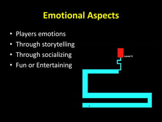 Emotional Aspects
• Players emotions
• Through storytelling
• Through socializing
• Fun or Entertaining
 