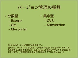 Щ`
?? ɢ
C? Bazaar
C? Git
C? Mercurial

?? 
C? CVS
C? Subversion

GitЩ`ǤϤޤ
˵Ĥˡ``ɤGitǡΥɥȤǥ󥫥
ȤʤΤǤСSubversion\ä䤹ʤȸ
Ƥޤڽ̑ˤʤ뤫餳ԒϤǤޤ裡

 