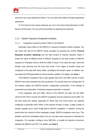 GSGSM BSS Network KPI (Immediate Assignment Success Rate) Optimization Manual INTERNAL
antennae may cause assignment failure. You can solve this problem through engineering
adjustment.
③ The transmit and receive antennae are not on the same horizontal plane or their
tilts are not the same. You can solve this problem by adjusting the antennae.
3.2.3 System Capacity (Congestion) Analysis
3.2.3.1 Congestion Caused by Heavy Traffic on the SDCCH
Generally, heavy traffic on the SDCCH is caused by frequent location updates. You
can check the rate of the SDCCH being occupied by querying the counter Channel
Requests (Location Updating) and the total number of channel requests. Figure 3
shows the ratios of different kinds of SDCCH requests to the total number of SDCCH
requests on Shanghai Unicom when the traffic is heavy. If the ratios are high, check the
location area planning and the drive test result. If the edges of location areas are
configured in the area with heavy traffic, reconfigure the location areas. In addition, you
can adjust the CHR parameters to reduce location updates. For details, see Case 1.
If the SDCCH congestion rate is high (greater than 5%), the traffic volume on each
SDCCH may have exceeded the limit as planned. You should check the configuration of
the location update and SDCCH dynamic configuration parameters. If the settings of
parameters are reasonable, a hardware capacity expansion is required.
If the congestion rate and traffic volume of the SDCCH are high, but the traffic
volume of the TCH is normal, the SDCCH congestion may be caused by burst traffic. For
the sites along the railway, especially for these near the tunnel portal, the capacity
configured is generally small. When a train passes through or stops, a large number of
location updates occur, which finally lead to SDCCH congestion. In addition, during the
period when the volume of short messages is large, SDCCH congestion may occur. This
problem cannot be completely solved, but you can take some measures to alleviate the
congestion. For example, configure more SDCCHs, or enable the dynamic conversion
between the SDCCH and TCH. For details, see Case 2.
2014-6-18 Huawei Technologies Proprietary Page 19 of 34
 