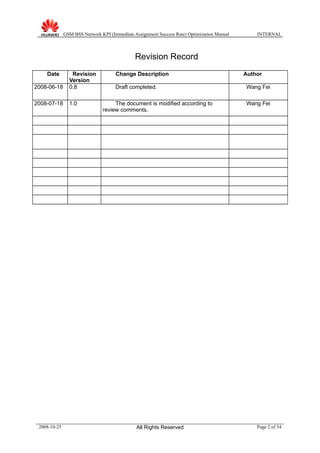 GSM BSS Network KPI (Immediate Assignment Success Rate) Optimization Manual INTERNAL
Revision Record
Date Revision
Version
Change Description Author
2008-06-18 0.8 Draft completed. Wang Fei
2008-07-18 1.0 The document is modified according to
review comments.
Wang Fei
2008-10-25 All Rights Reserved Page 2 of 34
 