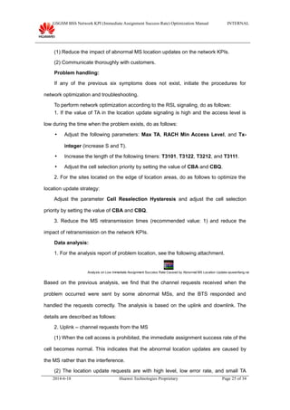 GSGSM BSS Network KPI (Immediate Assignment Success Rate) Optimization Manual INTERNAL
(1) Reduce the impact of abnormal MS location updates on the network KPIs.
(2) Communicate thoroughly with customers.
Problem handling:
If any of the previous six symptoms does not exist, initiate the procedures for
network optimization and troubleshooting.
To perform network optimization according to the RSL signaling, do as follows:
1. If the value of TA in the location update signaling is high and the access level is
low during the time when the problem exists, do as follows:
 Adjust the following parameters: Max TA, RACH Min Access Level, and Tx-
integer (increase S and T).
 Increase the length of the following timers: T3101, T3122, T3212, and T3111.
 Adjust the cell selection priority by setting the value of CBA and CBQ.
2. For the sites located on the edge of location areas, do as follows to optimize the
location update strategy:
Adjust the parameter Cell Reselection Hysteresis and adjust the cell selection
priority by setting the value of CBA and CBQ.
3. Reduce the MS retransmission times (recommended value: 1) and reduce the
impact of retransmission on the network KPIs.
Data analysis:
1. For the analysis report of problem location, see the following attachment.
Analysis on Low Immediate Assignment Success Rate Caused by Abnormal MS Location Update-qiuwenfang.rar
Based on the previous analysis, we find that the channel requests received when the
problem occurred were sent by some abnormal MSs, and the BTS responded and
handled the requests correctly. The analysis is based on the uplink and downlink. The
details are described as follows:
2. Uplink – channel requests from the MS
(1) When the cell access is prohibited, the immediate assignment success rate of the
cell becomes normal. This indicates that the abnormal location updates are caused by
the MS rather than the interference.
(2) The location update requests are with high level, low error rate, and small TA
2014-6-18 Huawei Technologies Proprietary Page 25 of 34
 