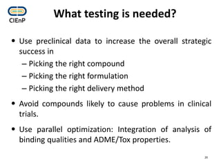What testing is needed? 
•Usepreclinicaldatatoincreasetheoverallstrategicsuccessin 
–Pickingtherightcompound 
–Pickingtherightformulation 
–Pickingtherightdeliverymethod 
•Avoidcompoundslikelytocauseproblemsinclinicaltrials. 
•Useparalleloptimization:IntegrationofanalysisofbindingqualitiesandADME/Toxproperties. 
20 
 