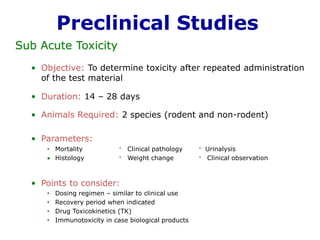 Preclinical StudiesSub Acute Toxicity 
•Objective:To determine toxicity after repeated administration of the test material 
•Duration:14 –28 days 
•Animals Required:2 species (rodent and non-rodent) 
•Parameters: 
•MortalityClinical pathologyUrinalysis 
HistologyWeight changeClinical observation 
•Points to consider: 
•Dosing regimen –similar to clinical use 
•Recovery period when indicated 
•Drug Toxicokinetics(TK) 
•Immunotoxicityin case biological products  