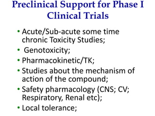 Preclinical Support for Phase I Clinical Trials 
•Acute/Sub-acute some time chronic Toxicity Studies; 
•Genotoxicity; 
•Pharmacokinetic/TK; 
•Studies about the mechanism of action of the compound; 
•Safety pharmacology (CNS; CV; Respiratory, Renal etc); 
•Local tolerance;  