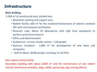 Infrastructure 
MainBuilding 
5.300m2ofconstructedarea,dividedinto: 
•Basement:parkingandsupportarea 
•Rodentfacility:600m2forthecreation/maintenanceofrodentsstandardSPFwithinternationalcertification 
•ResearchLabs:About20laboratorieswithhighlevelequipmenttoperformpreclinicalresearch 
•OfficeandAdministration 
•Auditorium:tohostsmallerevents~120people 
•Businessincubator:1,000m2fordevelopmentofnewideasandcompanies 
•Staffofabout60-80people,including15-20PhDs 
Non-rodentanimalfacility 
Secondarybuildingwithabout2,000m2onlyformaintenanceofnonrodentanimals(nonhumanprimates,dogs,rabbit,guineapig,pigsamongothers).  