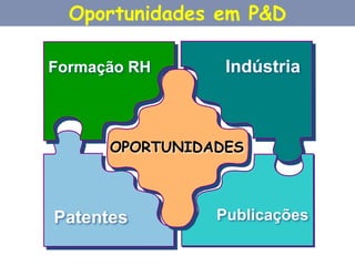 Oportunidades em P&D 
Formação RH 
Indústria 
Patentes 
Publicações 
OPORTUNIDADES  
