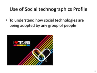 Use of Social technographics Profile
? To understand how social technologies are
  being adopted by any group of people




                                              11
 