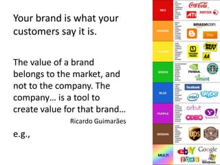 Your brand is what your
customers say it is.

The value of a brand
belongs to the market, and
not to the company. The
company is a tool to
create value for that brand
              Ricardo Guimar?es
e.g.,

                                  20
 