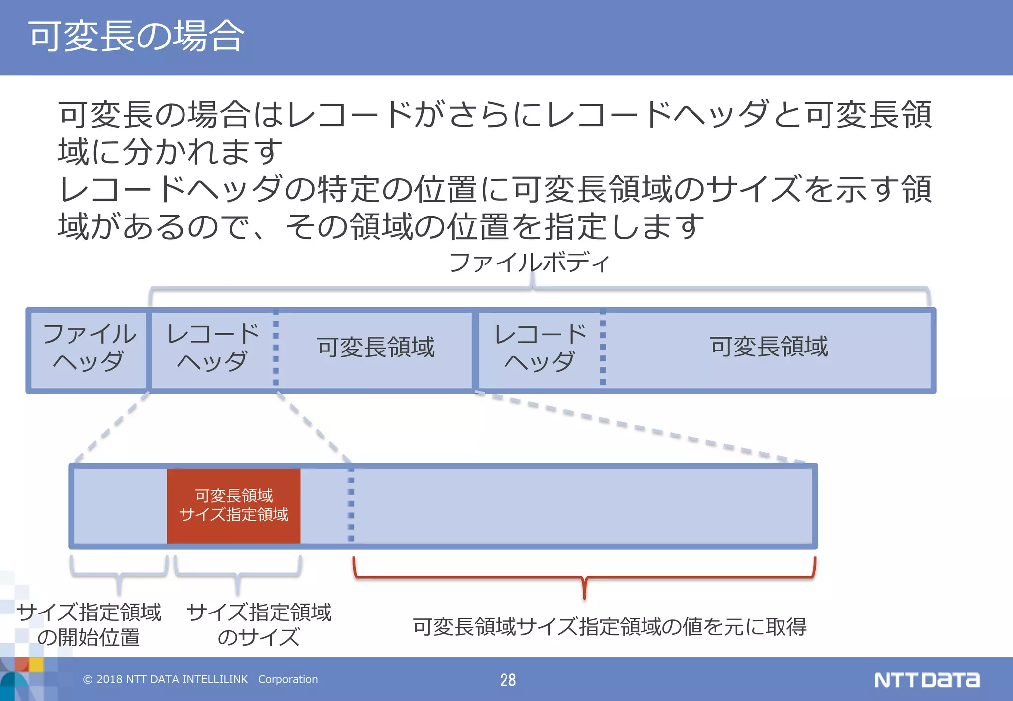 © 2018 NTT DATA INTELLILINK Corporation 28
可変長の場合
可変長の場合はレコードがさらにレコードヘッダと可変長領
域に分かれます
レコードヘッダの特定の位置に可変長領域のサイズを示す領
域があるので、その領域の位置を指定します
ファイル
ヘッダ
レコード
ヘッダ
可変長領域
レコード
ヘッダ
可変長領域
可変長領域
サイズ指定領域
サイズ指定領域
のサイズ
サイズ指定領域
の開始位置
可変長領域サイズ指定領域の値を元に取得
ファイルボディ
 