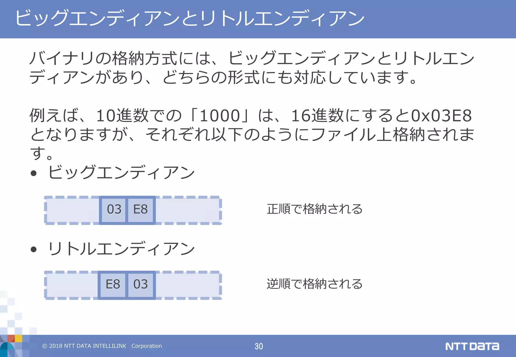 © 2018 NTT DATA INTELLILINK Corporation 30
ビッグエンディアンとリトルエンディアン
バイナリの格納方式には、ビッグエンディアンとリトルエン
ディアンがあり、どちらの形式にも対応しています。
例えば、10進数での「1000」は、16進数にすると0x03E8
となりますが、それぞれ以下のようにファイル上格納されま
す。
• ビッグエンディアン
• リトルエンディアン
03 E8
03E8
正順で格納される
逆順で格納される
 