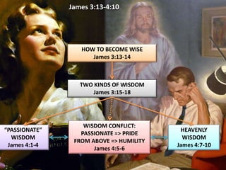 James 3:13-4:10
HOW TO BECOME WISE
James 3:13-14
TWO KINDS OF WISDOM
James 3:15-18
“PASSIONATE”
WISDOM
James 4:1-4
WISDOM CONFLICT:
PASSIONATE => PRIDE
FROM ABOVE => HUMILITY
James 4:5-6
HEAVENLY
WISDOM
James 4:7-10
 