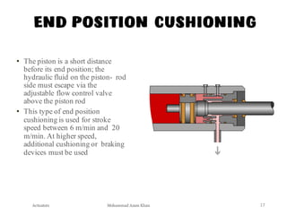 Mohammad Azam Khan
END POSITION CUSHIONING
• The piston is a short distance
before its end position; the
hydraulic fluid on the piston- rod
side must escape via the
adjustable flow control valve
above the piston rod
• This type of end position
cushioning is used for stroke
speed between 6 m/min and 20
m/min. At higher speed,
additional cushioning or braking
devices must be used
Actuators 17
 