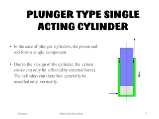 Mohammad Azam Khan
PLUNGER TYPE SINGLE
ACTING CYLINDER
• In the case of plunger cylinders,the pistonand
rod form a single component.
• Due to the design of the cylinder, the return
stroke can only be effectedby external forces.
The cylinders can therefore generallybe
installedonly vertically.
Actuators 8
 