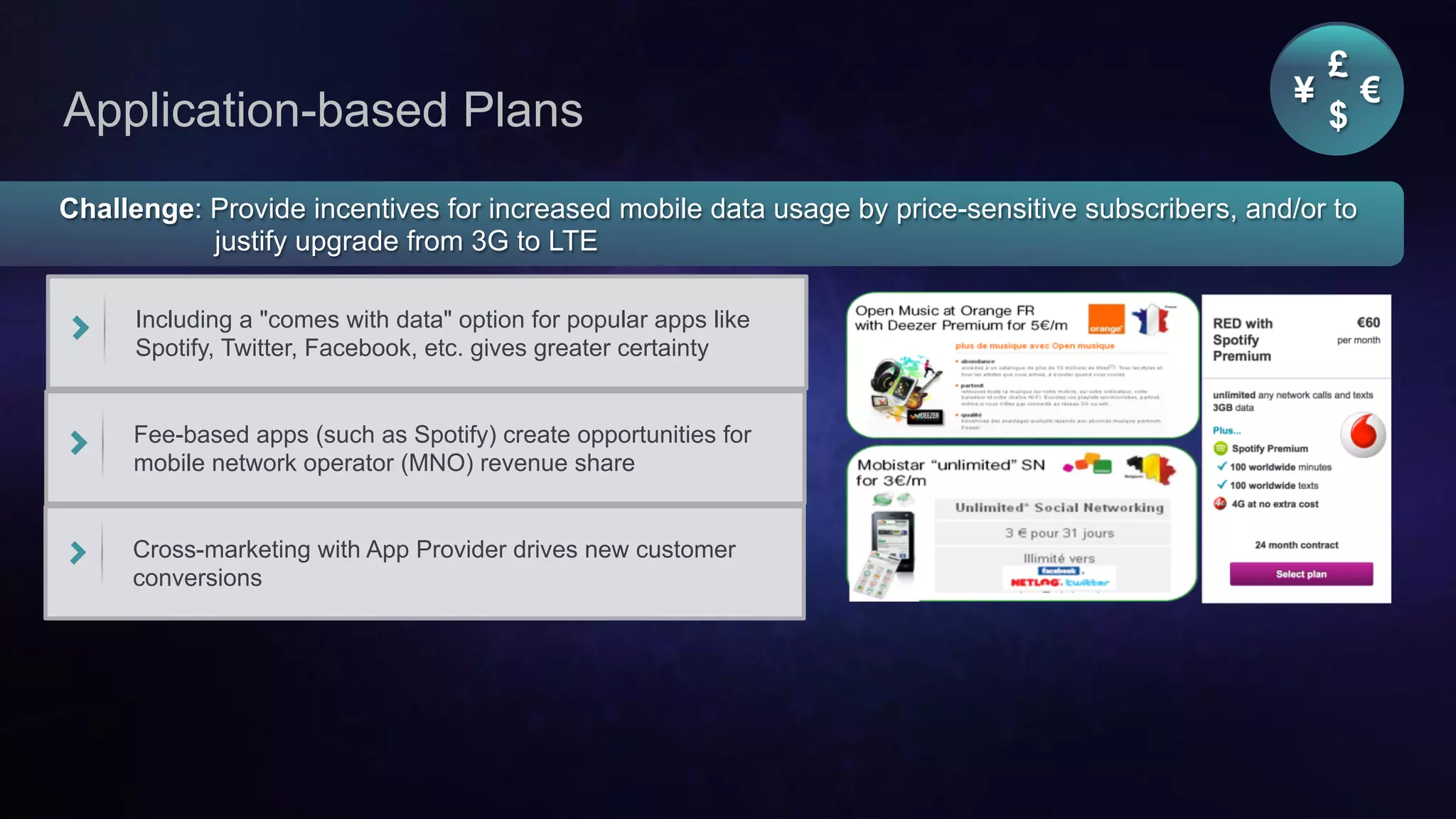 Cisco Confidential 26© 2013-2014 Cisco and/or its affiliates. All rights reserved.
Application-based Plans
Challenge: Provide incentives for increased mobile data usage by price-sensitive subscribers, and/or to
justify upgrade from 3G to LTE
Including a "comes with data" option for popular apps like
Spotify, Twitter, Facebook, etc. gives greater certainty
Fee-based apps (such as Spotify) create opportunities for
mobile network operator (MNO) revenue share
Cross-marketing with App Provider drives new customer
conversions
¥ €
£
$
 