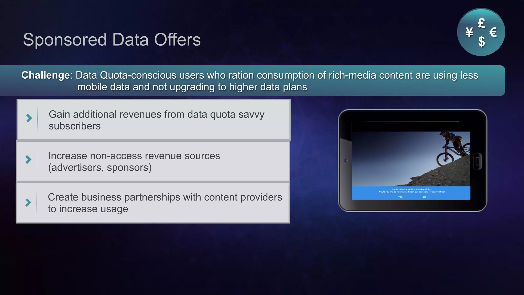 Cisco Confidential 27© 2013-2014 Cisco and/or its affiliates. All rights reserved.
Sponsored Data Offers
Challenge: Data Quota-conscious users who ration consumption of rich-media content are using less
mobile data and not upgrading to higher data plans
Gain additional revenues from data quota savvy
subscribers
Increase non-access revenue sources
(advertisers, sponsors)
Create business partnerships with content providers
to increase usage
¥ €
£
$
 