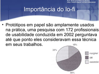 Importância do lo-fi

• Protótipos em papel são amplamente usados
  na prática, uma pesquisa com 172 profissionais
  de usabilidade conduzida em 2002 perguntava
  até que ponto eles consideravam essa técnica
  em seus trabalhos.
 