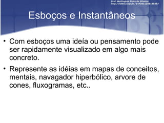 Esboços e Instantâneos

• Com esboços uma ideía ou pensamento pode
  ser rapidamente visualizado em algo mais
  concreto.
• Represente as idéias em mapas de conceitos,
  mentais, navagador hiperbólico, arvore de
  cones, fluxogramas, etc..
 