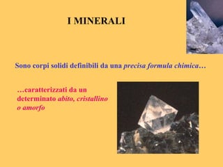 I MINERALI



Sono corpi solidi definibili da una precisa formula chimica…


…caratterizzati da un
determinato abito, cristallino
o amorfo
 