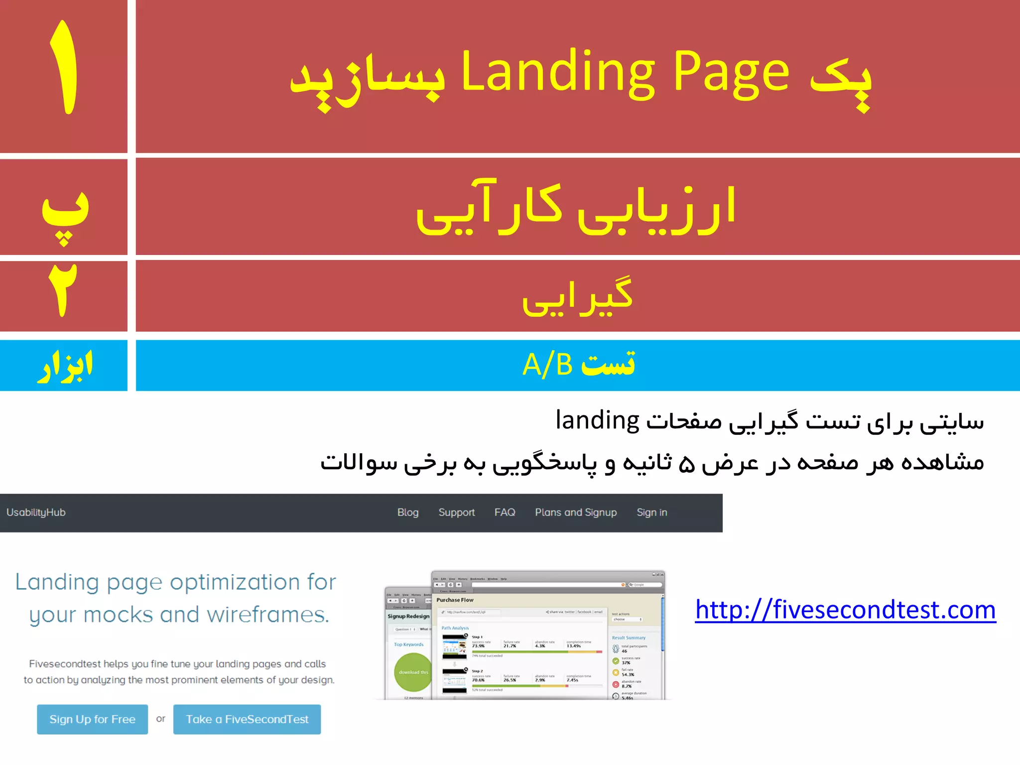 ‫یک‬Landing Page‫بسازید‬1
‫پ‬ ‫وبرآیی‬ ‫ارسیبثی‬
2 ‫ٌیزایی‬
‫ابسار‬ ‫تست‬A/B
‫غفحبت‬ ‫ٌیزایی‬ ‫تست‬ ‫ثزای‬ ‫سبیتی‬landing
ٜ‫ٔطبٞذ‬‫ػزؼ‬ ‫در‬ ٝ‫غفح‬ ‫ٞز‬5‫سٛاالت‬ ‫ثزخی‬ ٝ‫ث‬ ‫پبسخٍٛیی‬ ٚ ٝ‫ثب٘ی‬
http://fivesecondtest.com
 