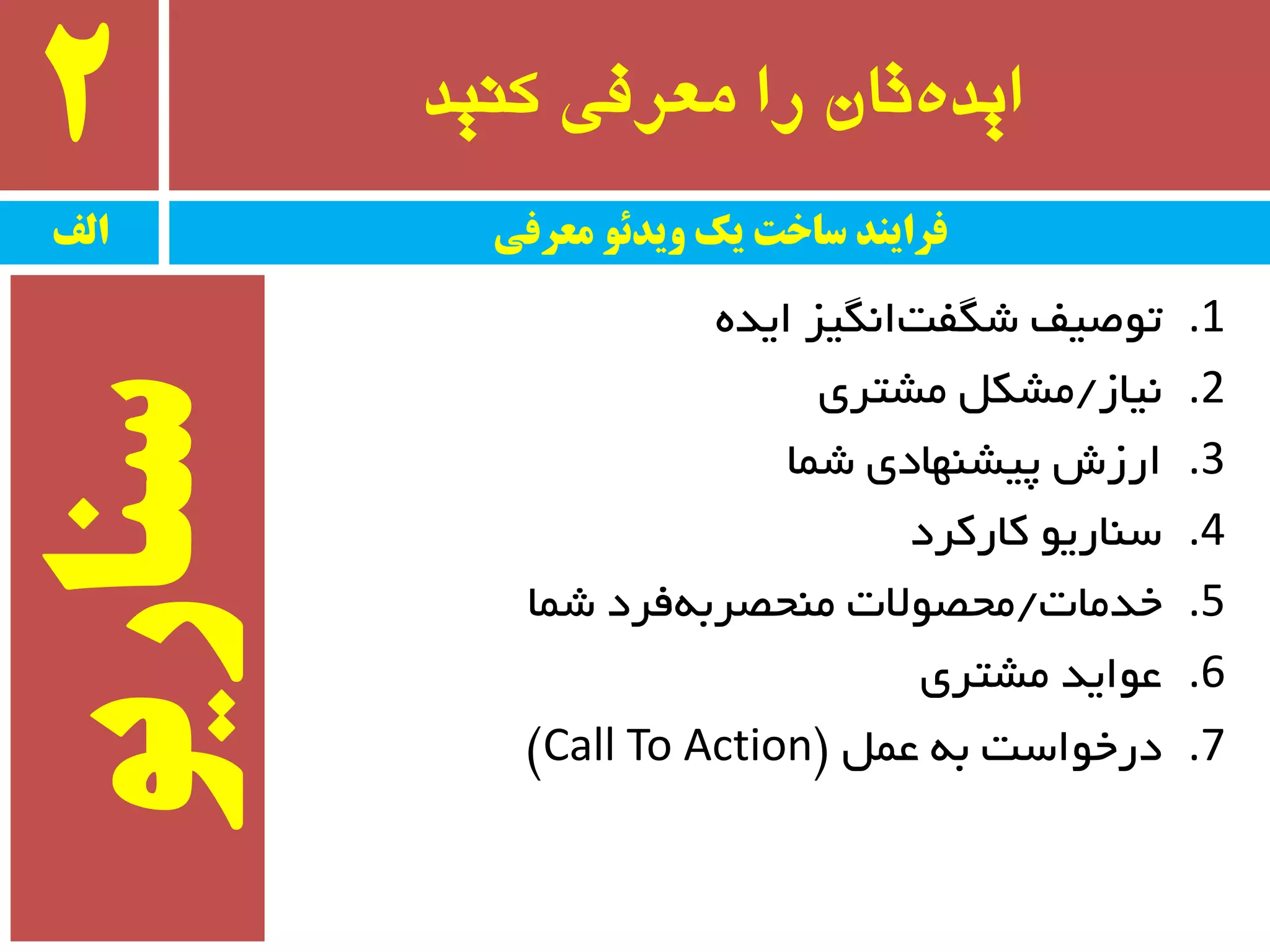 ‫کىید‬ ‫معرفی‬ ‫را‬ ‫تان‬ٌ‫اید‬2
.1ٜ‫ایذ‬ ‫اٍ٘یش‬‫ضٍفت‬ ‫تٛغیف‬
.2‫٘یبس‬/‫ٔطتزی‬ ُ‫ٔطى‬
.3‫ضٕب‬ ‫پیطٟٙبدی‬ ‫ارسش‬
.4‫وبروزد‬ ٛ‫سٙبری‬
.5‫خذٔبت‬/‫ضٕب‬ ‫فزد‬ٝ‫ٔٙحػزث‬ ‫ٔحػٛالت‬
.6‫ٔطتزی‬ ‫ػٛایذ‬
.7ُٕ‫ػ‬ ٝ‫ث‬ ‫درخٛاست‬$Call To Action#
‫الف‬ ‫معرفی‬ ً‫يیدئ‬ ‫یک‬ ‫ساخت‬ ‫فرایىد‬
ً‫سىاری‬
 