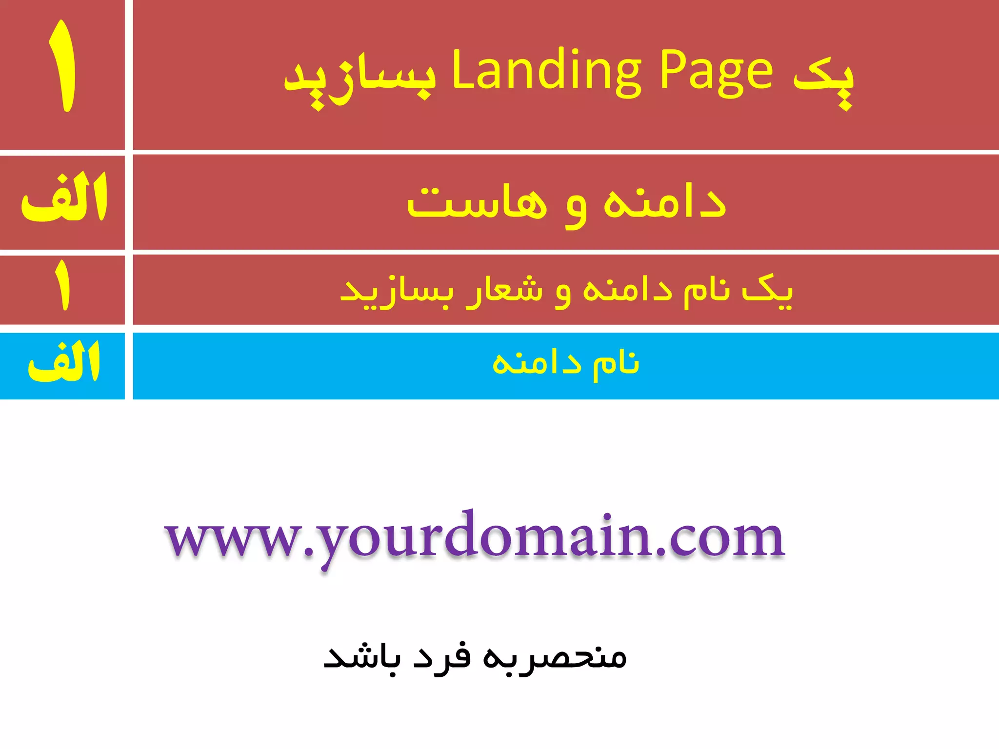‫یک‬Landing Page‫بسازید‬1
ٝٙٔ‫دا‬ ْ‫٘ب‬
‫الف‬ ‫ٞبست‬ ٚ ٝٙٔ‫دا‬
1 ‫ثسبسیذ‬ ‫ضؼبر‬ ٚ ٝٙٔ‫دا‬ ْ‫٘ب‬ ‫یه‬
‫الف‬
‫ثبضذ‬ ‫فزد‬ ٝ‫ٔٙحػزث‬
 