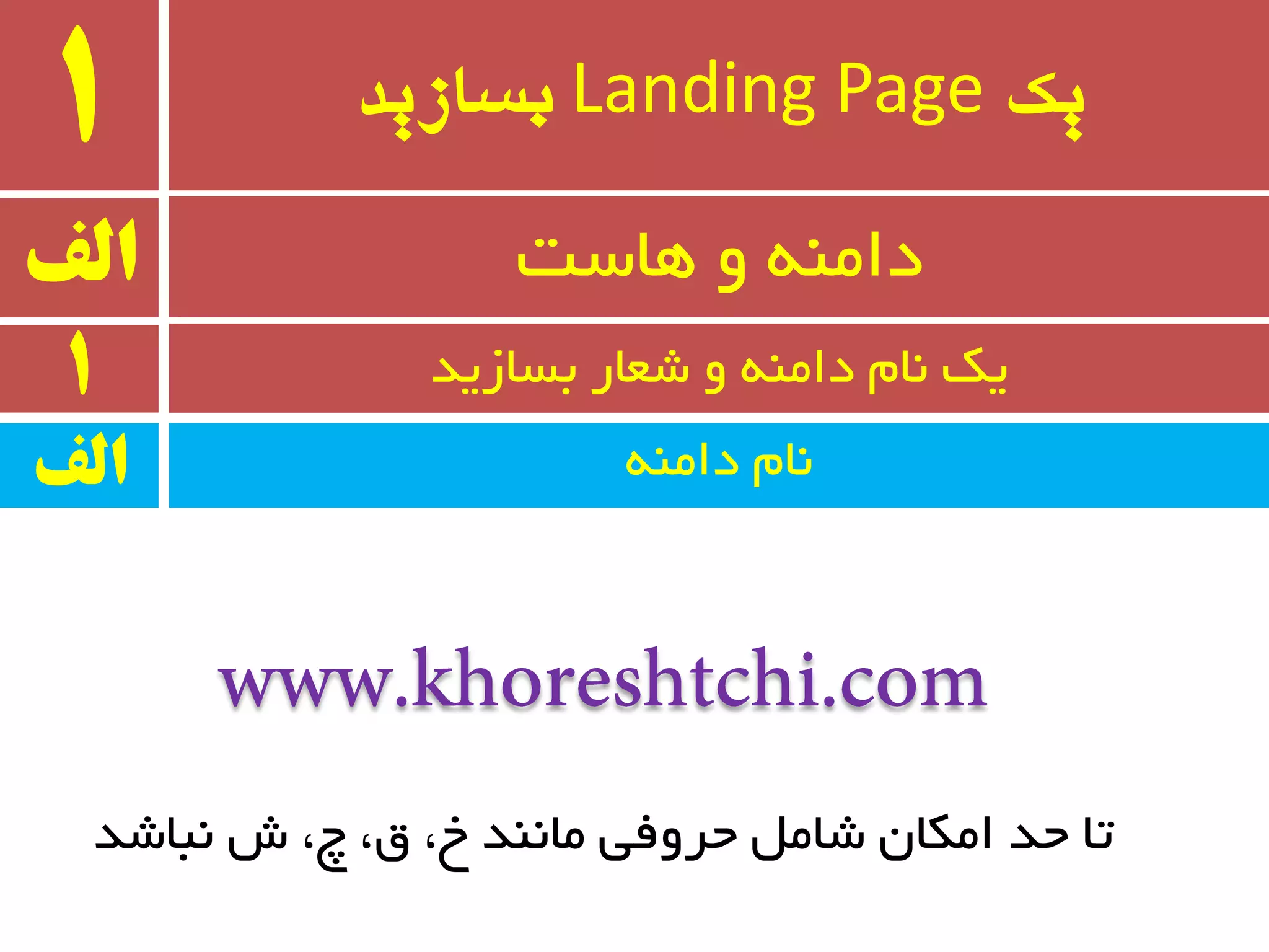 ‫یک‬Landing Page‫بسازید‬1
ٝٙٔ‫دا‬ ْ‫٘ب‬
‫الف‬ ‫ٞبست‬ ٚ ٝٙٔ‫دا‬
1 ‫ثسبسیذ‬ ‫ضؼبر‬ ٚ ٝٙٔ‫دا‬ ْ‫٘ب‬ ‫یه‬
‫الف‬
‫٘جبضذ‬ ‫ش‬ ،‫چ‬ ،‫ق‬ ،‫خ‬ ‫ٔب٘ٙذ‬ ‫حزٚفی‬ ُٔ‫ضب‬ ٖ‫أىب‬ ‫حذ‬ ‫تب‬
 