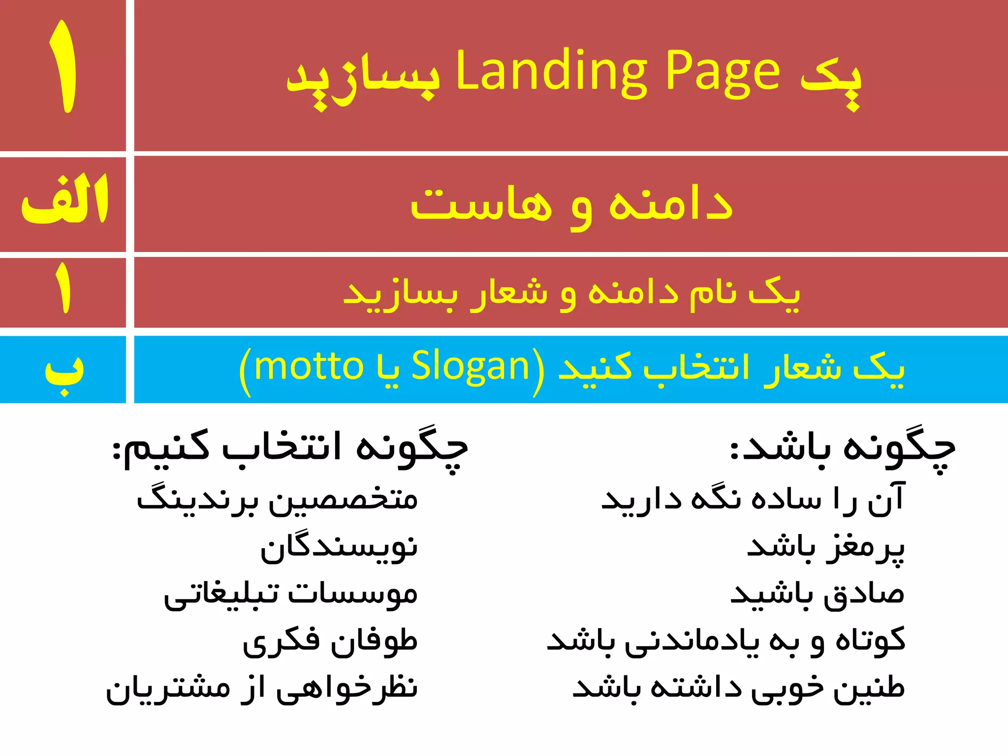 ‫یک‬Landing Page‫بسازید‬1
‫وٙیذ‬ ‫ا٘تخبة‬ ‫ضؼبر‬ ‫یه‬$Slogan‫یب‬motto#
‫الف‬ ‫ٞبست‬ ٚ ٝٙٔ‫دا‬
1 ‫ثسبسیذ‬ ‫ضؼبر‬ ٚ ٝٙٔ‫دا‬ ْ‫٘ب‬ ‫یه‬
‫ب‬
‫ثبضذ‬ ٍٝ٘ٛ‫چ‬:
‫داریذ‬ ٍٝ٘ ٜ‫سبد‬ ‫را‬ ٖ‫آ‬
‫ثبضذ‬ ‫پزٔغش‬
‫ثبضیذ‬ ‫غبدق‬
‫ثبضذ‬ ‫یبدٔب٘ذ٘ی‬ ٝ‫ث‬ ٚ ٜ‫وٛتب‬
‫ثبضذ‬ ٝ‫داضت‬ ‫خٛثی‬ ٗ‫طٙی‬
ٓ‫وٙی‬ ‫ا٘تخبة‬ ٍٝ٘ٛ‫چ‬:
ًٙ‫ثز٘ذی‬ ٗ‫ٔتخػػی‬
ٖ‫٘ٛیسٙذٌب‬
‫تجّیغبتی‬ ‫ٔٛسسبت‬
‫فىزی‬ ٖ‫طٛفب‬
ٖ‫ٔطتزیب‬ ‫اس‬ ‫٘ظزخٛاٞی‬
 