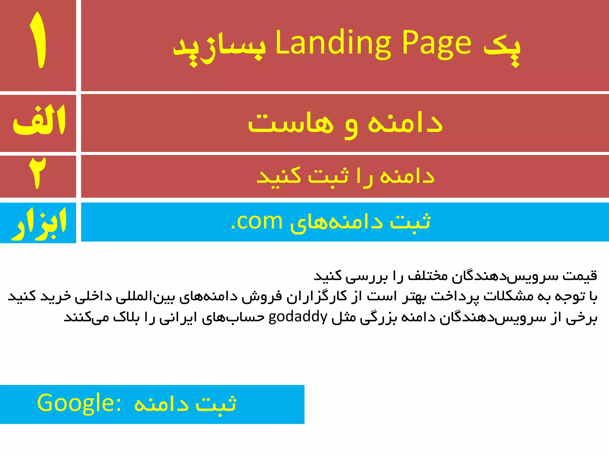 ‫یک‬Landing Page‫بسازید‬1
‫الف‬ ‫ٞبست‬ ٚ ٝٙٔ‫دا‬
2 ‫ثجت‬ ‫را‬ ٝٙٔ‫دا‬‫وٙیذ‬
‫وٙیذ‬ ‫ثزرسی‬ ‫را‬ ‫ٔختّف‬ ٖ‫دٞٙذٌب‬‫سزٚیس‬ ‫لیٕت‬
‫وٙیذ‬ ‫خزیذ‬ ‫داخّی‬ ‫إِّّی‬ٗ‫ثی‬ ‫ٞبی‬ٝٙٔ‫دا‬ ‫فزٚش‬ ٖ‫وبرٌشارا‬ ‫اس‬ ‫است‬ ‫ثٟتز‬ ‫پزداخت‬ ‫ٔطىالت‬ ٝ‫ث‬ ٝ‫تٛج‬ ‫ثب‬
ُ‫ٔث‬ ‫ثشرٌی‬ ٝٙٔ‫دا‬ ٖ‫دٞٙذٌب‬‫سزٚیس‬ ‫اس‬ ‫ثزخی‬godaddy‫وٙٙذ‬‫ٔی‬ ‫ثالن‬ ‫را‬ ‫ایزا٘ی‬ ‫ٞبی‬‫حسبة‬
‫ٞبی‬ٝٙٔ‫دا‬ ‫ثجت‬.com‫ابسار‬
Google: ٝٙٔ‫دا‬ ‫ثجت‬
 