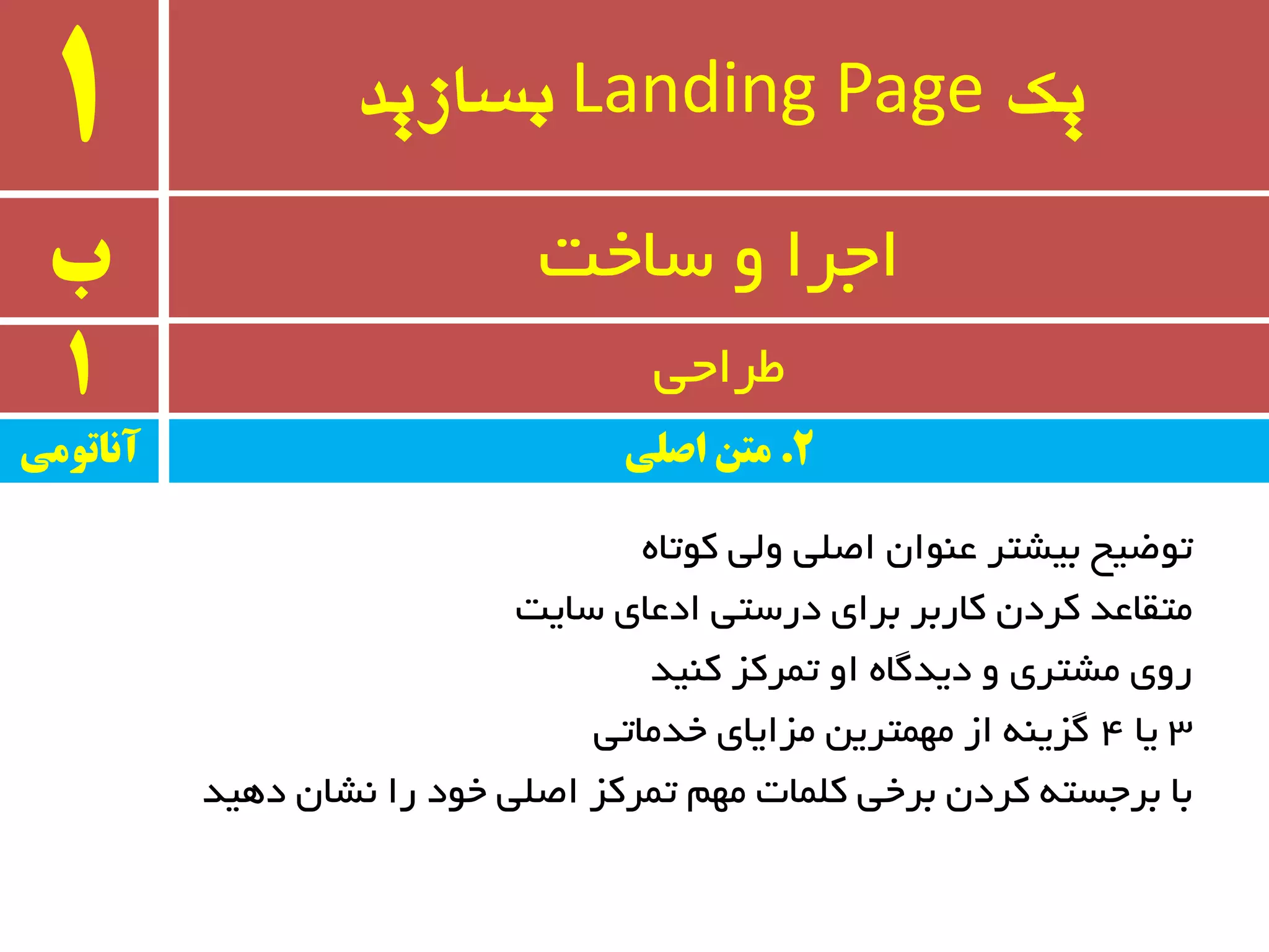 ‫یک‬Landing Page‫بسازید‬1
‫ب‬ ٚ ‫اجزا‬‫سبخت‬
1 ‫طزاحی‬
ٜ‫وٛتب‬ ‫ِٚی‬ ‫اغّی‬ ٖ‫ػٙٛا‬ ‫ثیطتز‬ ‫تٛؾیح‬
‫سبیت‬ ‫ادػبی‬ ‫درستی‬ ‫ثزای‬ ‫وبرثز‬ ٖ‫وزد‬ ‫ٔتمبػذ‬
‫وٙیذ‬ ‫تٕزوش‬ ٚ‫ا‬ ٜ‫دیذٌب‬ ٚ ‫ٔطتزی‬ ‫رٚی‬
3‫یب‬4‫خذٔبتی‬ ‫ٔشایبی‬ ٗ‫ٟٕٔتزی‬ ‫اس‬ ٝٙ‫ٌشی‬
‫دٞیذ‬ ٖ‫٘طب‬ ‫را‬ ‫خٛد‬ ‫اغّی‬ ‫تٕزوش‬ ٟٓٔ ‫وّٕبت‬ ‫ثزخی‬ ٖ‫وزد‬ ٝ‫ثزجست‬ ‫ثب‬
‫آواتًمی‬ 2.‫اصلی‬ ‫مته‬
 