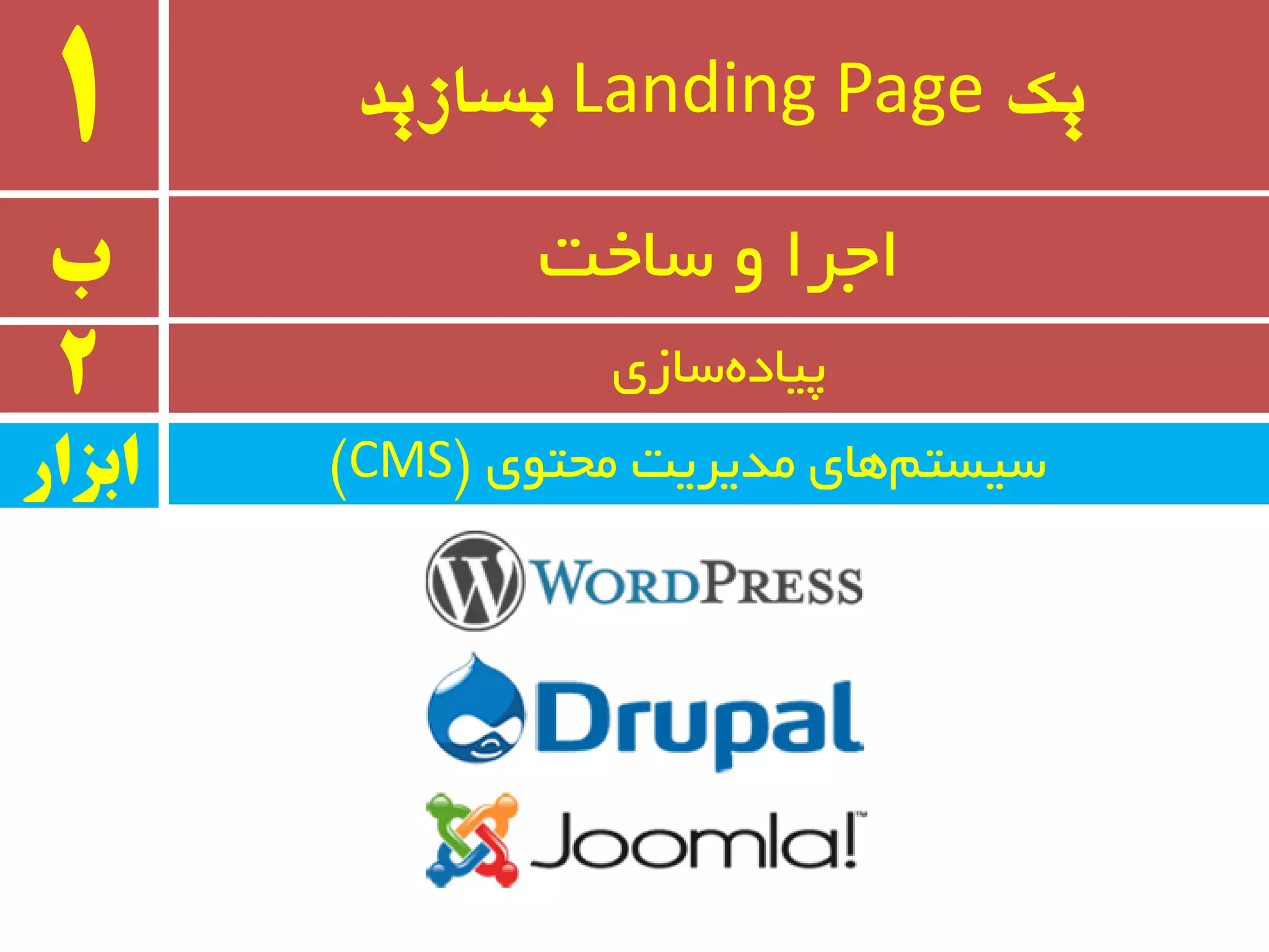 ‫یک‬Landing Page‫بسازید‬1
‫ب‬ ‫سبخت‬ ٚ ‫اجزا‬
2 ‫سبسی‬ٜ‫پیبد‬
‫ٔحتٛی‬ ‫ٔذیزیت‬ ‫ٞبی‬ٓ‫سیست‬$CMS#‫ابسار‬
 