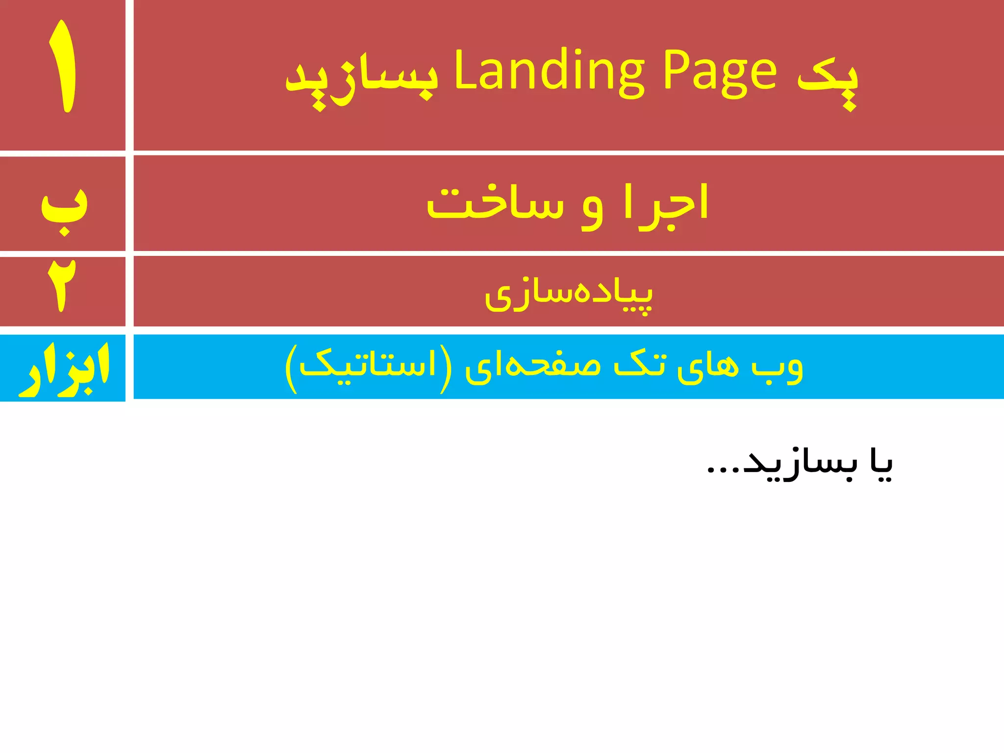 ‫یک‬Landing Page‫بسازید‬1
‫ب‬ ‫سبخت‬ ٚ ‫اجزا‬
2 ‫سبسی‬ٜ‫پیبد‬
‫ای‬ٝ‫غفح‬ ‫ته‬ ‫ٞبی‬ ‫ٚة‬$‫استبتیه‬#‫ابسار‬
‫ثسبسیذ‬ ‫یب‬...
 