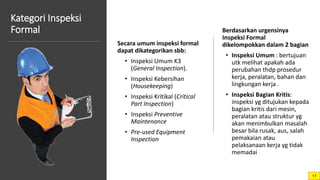 Kategori Inspeksi
Formal
Secara umum inspeksi formal
dapat dikategorikan sbb:
• Inspeksi Umum K3
(General Inspection).
• Inspeksi Kebersihan
(Housekeeping)
• Inspeksi Kritikal (Critical
Part Inspection)
• Inspeksi Preventive
Maintenance
• Pre-used Equipment
Inspection
Berdasarkan urgensinya
Inspeksi Formal
dikelompokkan dalam 2 bagian
• Inspeksi Umum : bertujuan
utk melihat apakah ada
perubahan thdp prosedur
kerja, peralatan, bahan dan
lingkungan kerja .
• Inspeksi Bagian Kritis:
inspeksi yg ditujukan kepada
bagian kritis dari mesin,
peralatan atau struktur yg
akan menimbulkan masalah
besar bila rusak, aus, salah
pemakaian atau
pelaksanaan kerja yg tidak
memadai
17
 