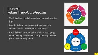 Inspeksi
Kebersihan/Housekeeping
• Tidak terbatas pada kebersihan namun kerapian
juga.
• Bersih: Sebuah tempat untuk sesuatu dan
sesuatu selalu berada pada tempatnya.
• Rapi: Sebuah tempat bebas dari sesuatu yang
tidak penting dan sesuatu yang penting berada
pada tempat yang tepat.
25
 