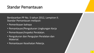 Standar Pemantauan
Berdasarkan PP No. 5 tahun 2012, Lampiran II.
Standar Pemantauan meliputi:
• Pemeriksaan bahaya
• Pemantauan/Pengukuran Lingkungan Kerja
• Pemeriksaan/Inspeksi Peralatan.
• Pengukuran dan Pengujian Peralatan dan
Material.
• Pemantauan Kesehatan Pekerja.
8
 