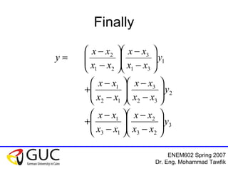 ENEM602 Spring 2007
Dr. Eng. Mohammad Tawfik
Finally
3
23
2
13
1
2
32
3
12
1
1
31
3
21
2
y
xx
xx
xx
xx
y
xx
xx
xx
xx
y
xx
xx
xx
xx
y






−
−






−
−
+






−
−






−
−
+






−
−






−
−
=
 