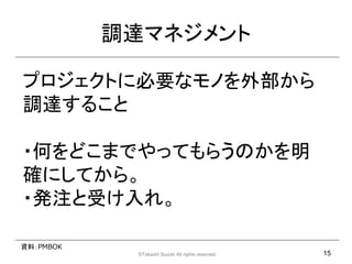 {_ޥͥ

ץȤ˱ҪʥΤⲿ
{_뤳

?ΤɤޤǤäƤ餦Τ
_ˤƤ顣
?kעܤ졣

YϣPMBOK
            ?Takashi Suzuki All rights reserved.   15
 