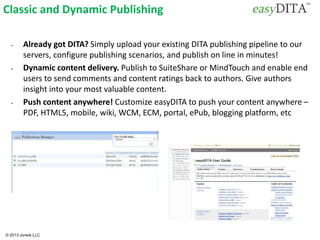 © 2013 Jorsek LLC
Classic and Dynamic Publishing
• Already got DITA? Simply upload your existing DITA publishing pipeline to our
servers, configure publishing scenarios, and publish on line in minutes!
• Dynamic content delivery. Publish to SuiteShare or MindTouch and enable end
users to send comments and content ratings back to authors. Give authors
insight into your most valuable content.
• Push content anywhere! Customize easyDITA to push your content anywhere –
PDF, HTML5, mobile, wiki, WCM, ECM, portal, ePub, blogging platform, etc
 