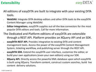 © 2013 Jorsek LLC
Extensibility
All editions of easyDITA are built to integrate with your existing DITA
tools.
• WebDAV. Integrate DITA desktop editors and other DITA tools to the easyDITA
Content Manager using WebDAV.
• Editor Integrations. easyDITA supplies out-of-the-box connectors for the most
popular DITA editors and tools. Call for more information.
The Dedicated and Platform editions of easyDITA are extensible
through a REST API. Platform provides an XQuery API and an SDK.
• easyDITA REST API. Provides integration to existing DITA and content
management tools. Access the power of the easyDITA Content Management
System, ticketing workflow, and publishing server through the REST API.
• easyDITA SDK. Extend the easyDITA user interface, customize the editor, or
build your own applications (even your own editors) using our SDK.
• XQuery API. Directly access the powerful XML database upon which easyDITA
is built using XQuery. Transform content, construct custom searches, build live
content delivery solutions.
 