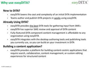© 2013 Jorsek LLC
Why use easyDITA?
New to DITA?
• easyDITA lowers the cost and complexity of an initial DITA implementation
• Teams author and publish DITA projects in weeks using easyDITA
Already Using DITA?
• easyDITA provides the best DITA tools for gathering input from SMEs
• easyDITA has superior SME review and approval of DITA content
• Fully-featured DITA component content management is affordable to any
organization using easyDITA
• easyDITA integrates with the desktop authoring tools and publishing tools
you currently use, so you can build on your investment in DITA
Building a content application?
• easyDITA provides a platform for building content-centric applications that
require search, collaboration, content management, or custom editing
experiences for structured content
 