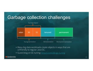 Garbage collection challenges
•  Many big data workloads create objects in ways that are
unfriendly to regular Java GC.
•  Guest blog on GC tuning: tinyurl.com/db-gc-tuning
10
eden	
   S0	
   S1	
   tenured	
   permanent	
  
Permanent GenerationOld GenerationYoung Generation
Survivor Space
 