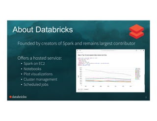 About Databricks
Oﬀers a hosted service:
•  Spark on EC2
•  Notebooks
•  Plot visualizations
•  Cluster management
•  Scheduled jobs
2
Founded by creators of Spark and remains largest contributor
 