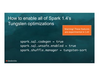 How to enable all of Spark 1.4’s
Tungsten optimizations
27
spark.sql.codegen = true	
spark.sql.unsafe.enabled = true	
spark.shuffle.manager = tungsten-sort	
Warning!	
  These	
  features	
  
are	
  experimental	
  in	
  1.4!	
  
 