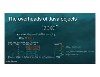The overheads of Java objects
“abcd”
9
•  Native: 4 bytes with UTF-8 encoding
•  Java: 48 bytes
java.lang.String object internals:	
OFFSET SIZE TYPE DESCRIPTION VALUE	
0 4 (object header) ...	
4 4 (object header) ...	
8 4 (object header) ...	
12 4 char[] String.value []	
16 4 int String.hash 0	
20 4 int String.hash32 0	
Instance size: 24 bytes (reported by Instrumentation API)	
12 byte object header
8 byte hashcode
20 bytes of overhead + 8 bytes for chars
 
