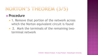  Procedure
 1. Remove that portion of the network across
which the Norton equivalent circuit is found
 2. Mark the terminals of the remaining two-
terminal network
ECE203 - Network Analysis - K.Jeya Prakash - Kalasalingam University
 