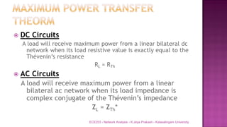  DC Circuits
A load will receive maximum power from a linear bilateral dc
network when its load resistive value is exactly equal to the
Thévenin’s resistance
RL = RTh
 AC Circuits
A load will receive maximum power from a linear
bilateral ac network when its load impedance is
complex conjugate of the Thévenin’s impedance
ZL = ZTh*
ECE203 - Network Analysis - K.Jeya Prakash - Kalasalingam University
 