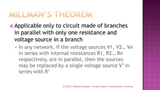  Applicable only to circuit made of branches
in parallel with only one resistance and
voltage source in a branch
 In any network, if the voltage sources V1, V2… Vn
in series with internal resistances R1, R2… Rn
respectively, are in parallel, then the sources
may be replaced by a single voltage source V’ in
series with R’
ECE203 - Network Analysis - K.Jeya Prakash - Kalasalingam University
 