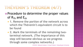  Procedure to determine the proper values
of RTh and Eth
 1. Remove the portion of the network across
which the Thévenin’s equivalent circuit is to
be found
 2. Mark the terminals of the remaining two-
terminal network. (The importance of this
step will become obvious as we progress
through some complex networks.)
ECE203 - Network Analysis - K.Jeya Prakash - Kalasalingam University
 