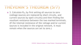  3. Calculate RTh by first setting all sources to zero
(voltage sources are replaced by short circuits, and
current sources by open circuits) and then finding the
resultant resistance between the two marked terminals.
(If the internal resistance of the voltage and/or current
sources is included in the original network, it must
remain when the sources are set to zero.)
ECE203 - Network Analysis - K.Jeya Prakash - Kalasalingam University
 